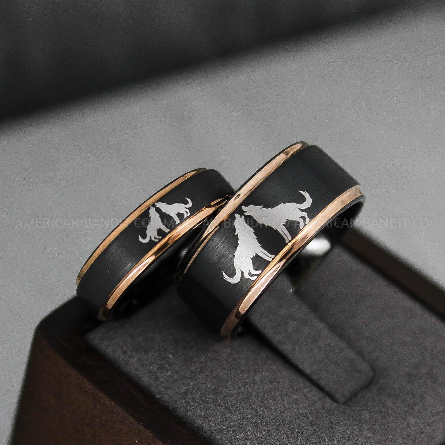 IMG_3431 Howling Wolves Ring, Wolf Ring, Couple Wedding Rings, Couple Rings, Wolves Ring, Wolf Howl Ring, Black Wedding Bands, Matching Wedding Rings - Image 1