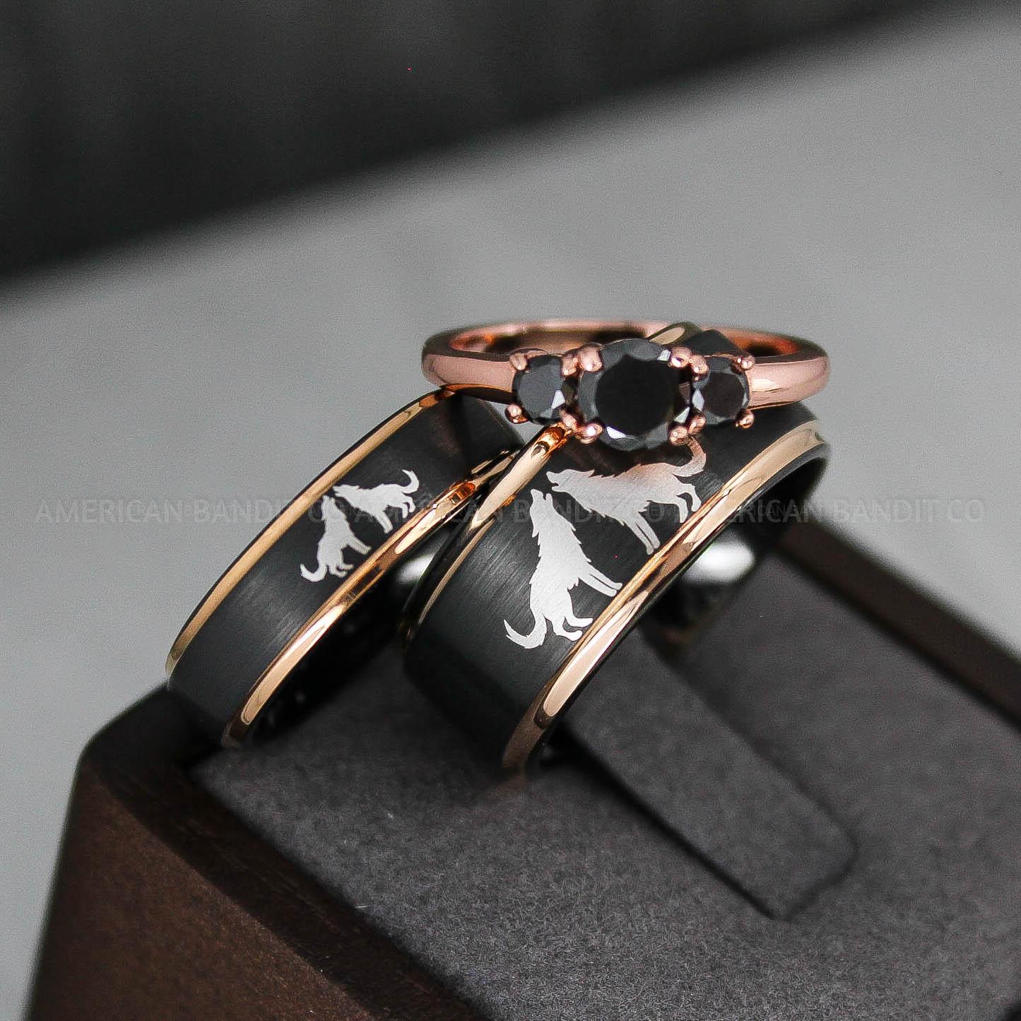 IMG_3432 Howling Wolves Ring, Wolf Ring, Couple Wedding Rings, Couple Rings, Wolves Ring, Wolf Howl Ring, Black Wedding Bands, Matching Wedding Rings - Image 1
