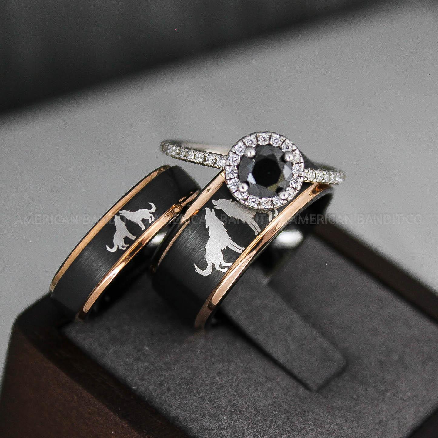 IMG_3434 Howling Wolves Ring, Wolf Ring, Couple Wedding Rings, Couple Rings, Wolves Ring, Wolf Howl Ring, Black Wedding Bands, Matching Wedding Rings - Image 1