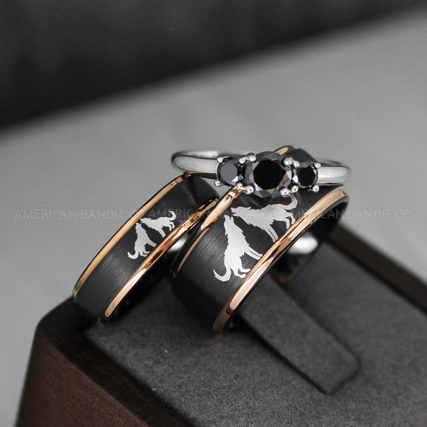 IMG_3435 Howling Wolves Ring, Wolf Ring, Couple Wedding Rings, Couple Rings, Wolves Ring, Wolf Howl Ring, Black Wedding Bands, Matching Wedding Rings - Image 1