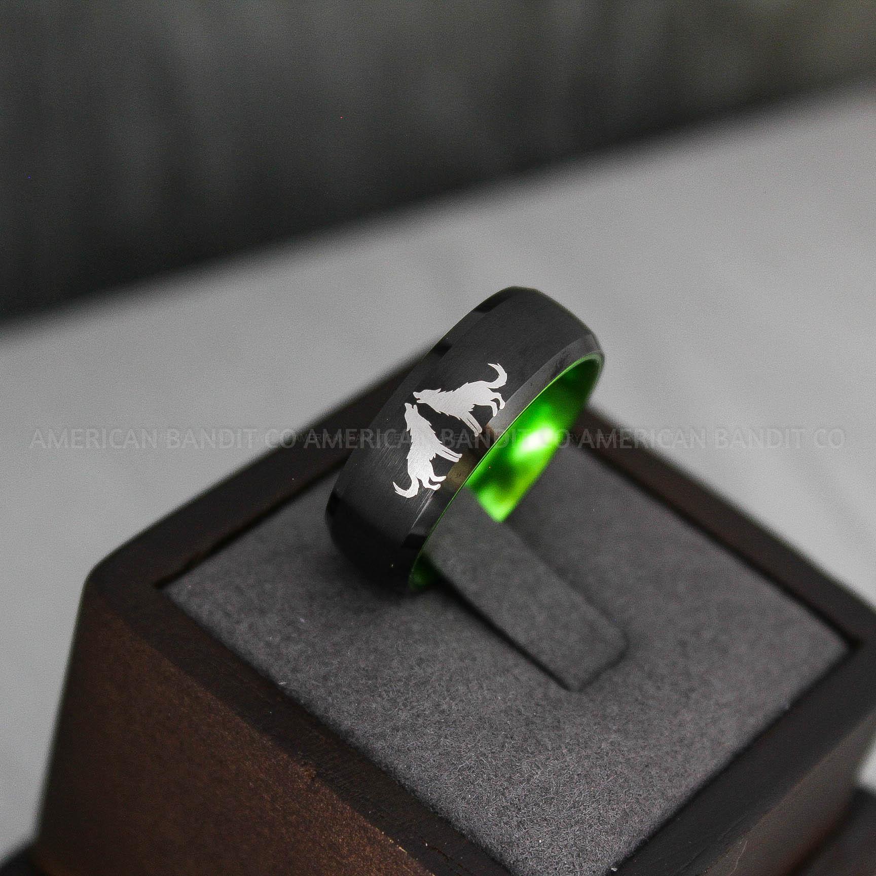 IMG_3449 Howling Wolves Ring, Wolf Ring, Black Ring, Black Tungsten Ring, Wolves Ring, Wolf Howl Ring, Black Wedding Bands, Matching Wedding Rings - Image 1