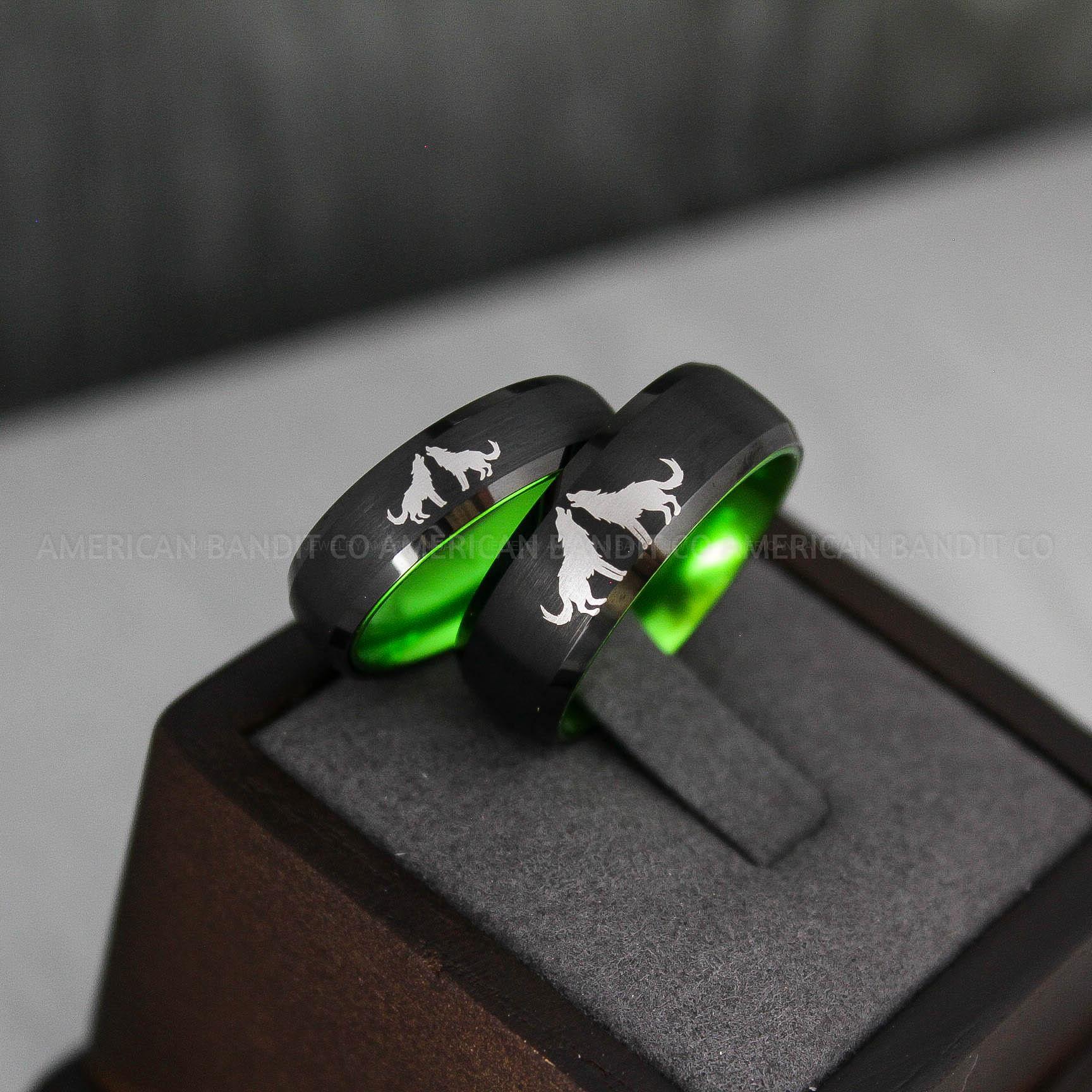 IMG_3450 Howling Wolves Rings, Wolf Rings, Black Ring, Black Tungsten Ring, Wolves Rings, Wolf Howl Rings, Black Wedding Bands, Matching Wedding Rings - Image 1