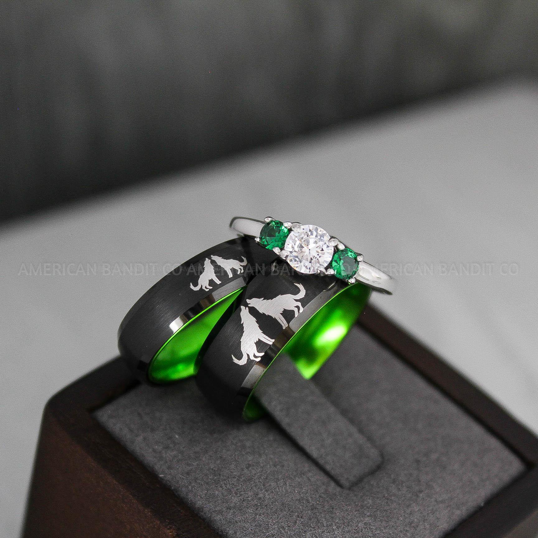 IMG_3451 Howling Wolves Rings, Wolf Rings, Black Ring, Black Tungsten Ring, Wolves Rings, Wolf Howl Rings, Black Wedding Bands, Matching Wedding Rings - Image 1