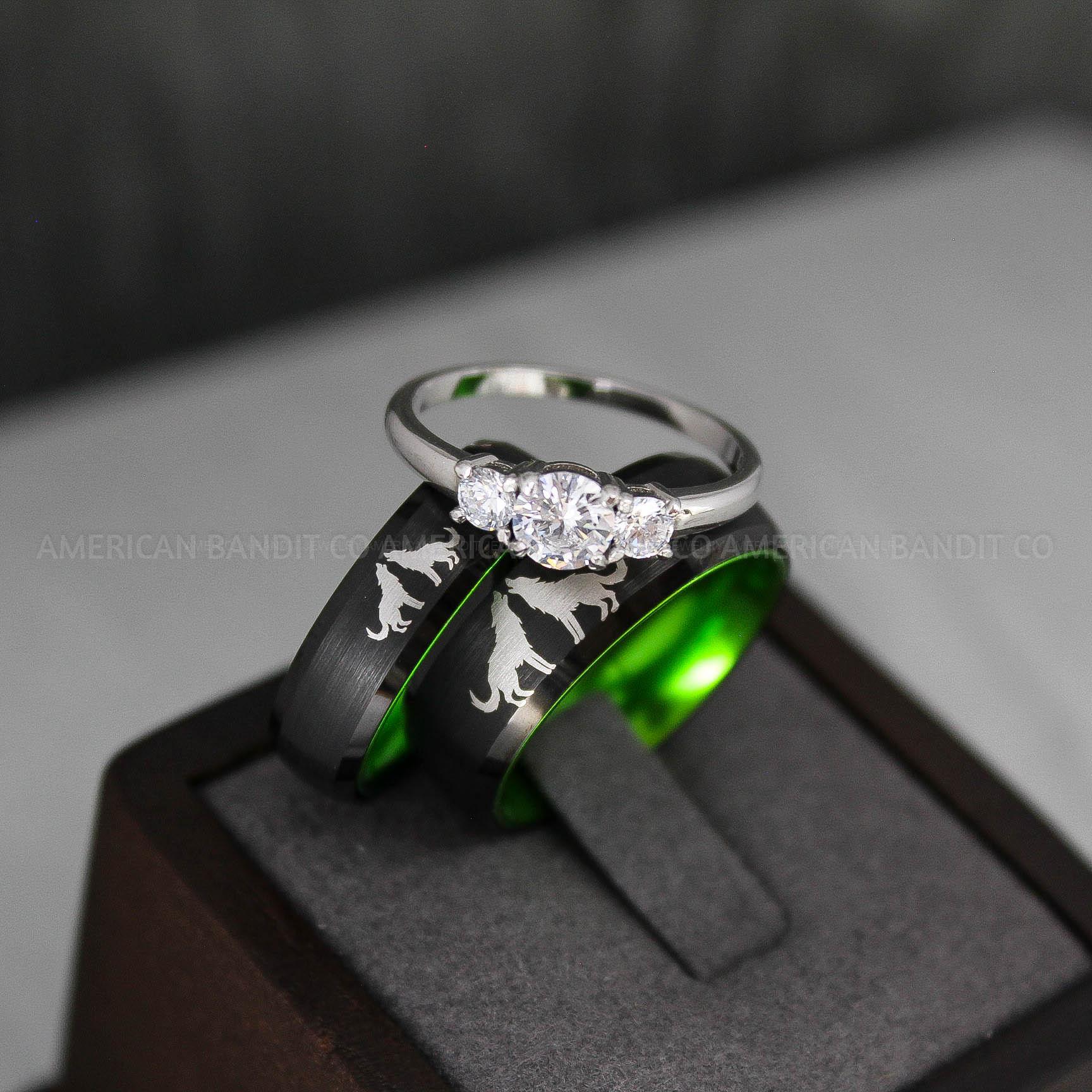 IMG_3452 Howling Wolves Rings, Wolf Rings, Black Ring, Black Tungsten Ring, Wolves Rings, Wolf Howl Rings, Black Wedding Bands, Matching Wedding Rings - Image 1