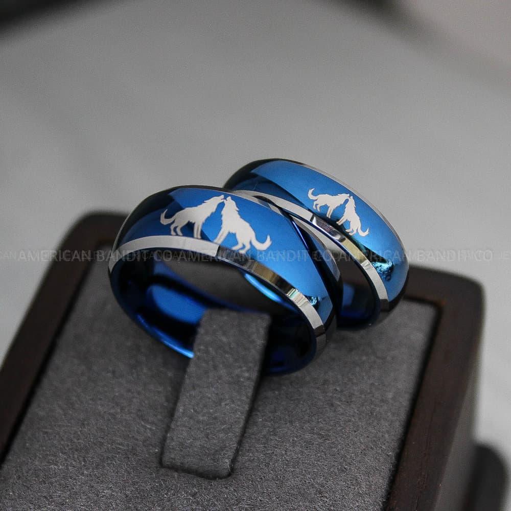 IMG_3510 Howling Wolves Rings, Wolf Rings, Blue Wedding Rings, Couple Rings - Image 1