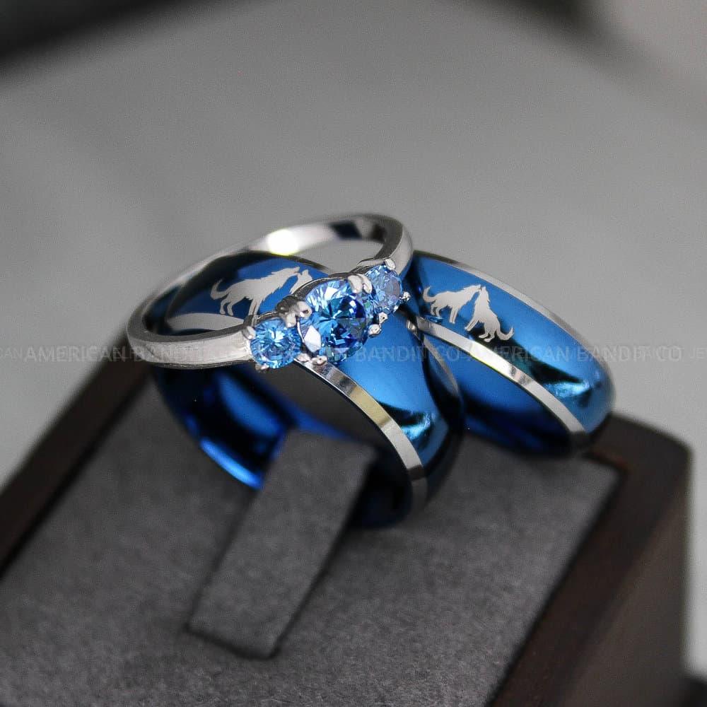 IMG_3513 Howling Wolves Rings, Wolf Rings, Blue Wedding Rings, Couple Rings - Image 1