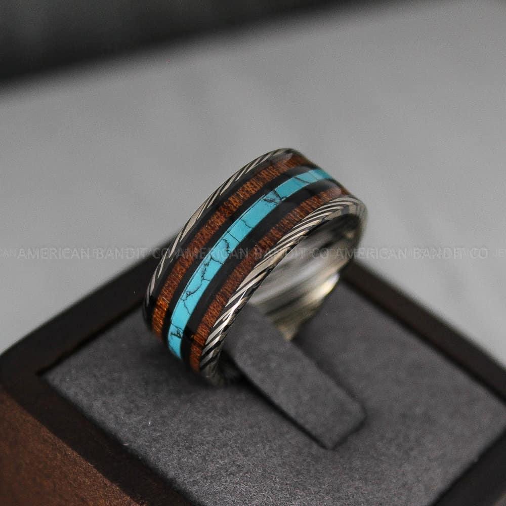 IMG_3538 Damascus Steel Ring, Damascus Steel Wedding Ring, Black Turquoise Ring - Image 1