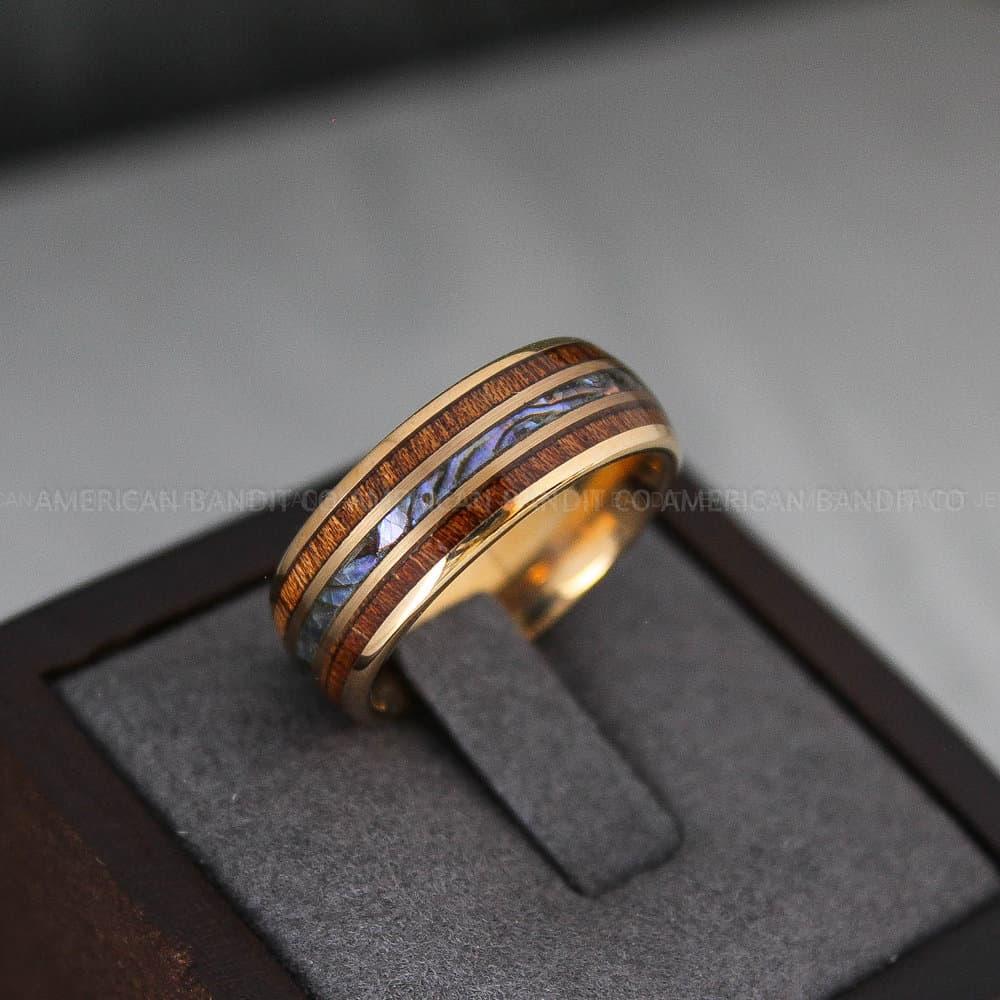 IMG_3540 Wood Ring, Abalone Shell Ring, Rose Gold Wedding Band, Rose Gold Wedding Ring - Image 1