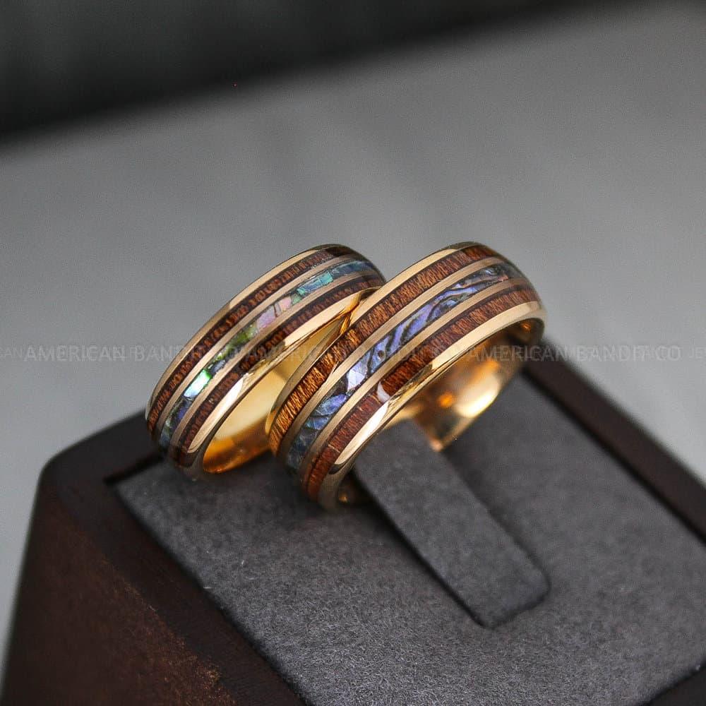 IMG_3541 Wood Rings, Abalone Shell Rings, Rose Gold Wedding Bands, Rose Gold Wedding Rings - Image 1