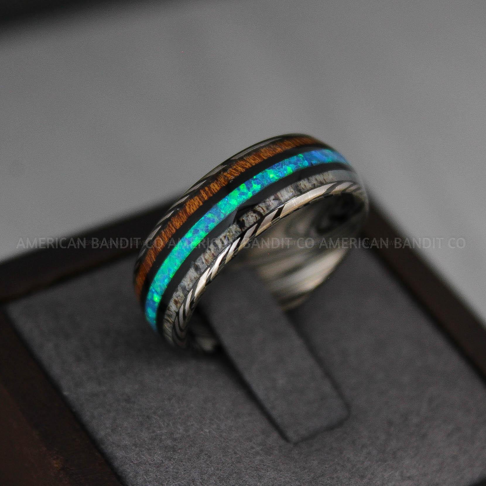 IMG_3610 Deer Antler Ring, Wood Ring, Opal Ring, Damascus Steel Ring - Image 1