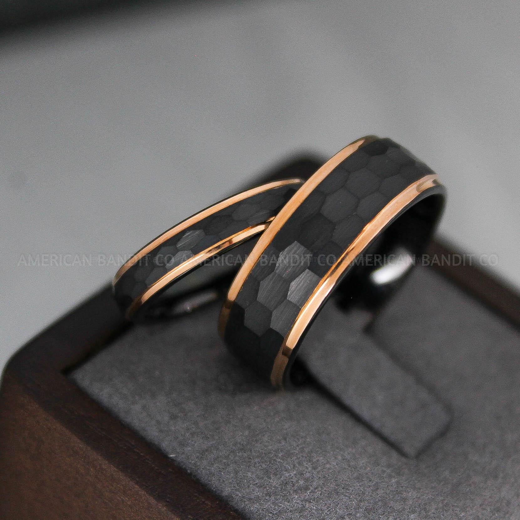 IMG_3612 Black Tungsten Hammered Wedding Rings, Couple Rings - Image 1