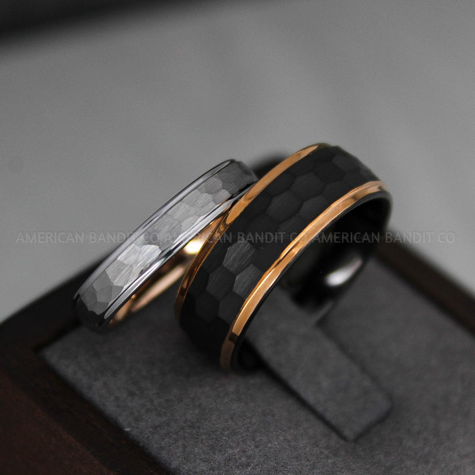 IMG_3618 Black Tungsten Hammered Wedding Rings, Couple Rings - Image 1