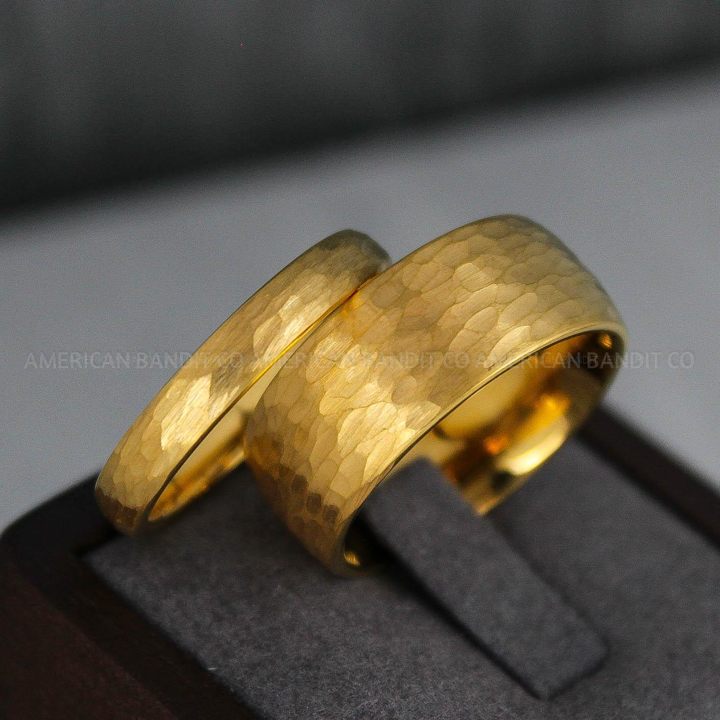 IMG_3638 14K Yellow Gold Tungsten Hammered Wedding Rings - Image 1