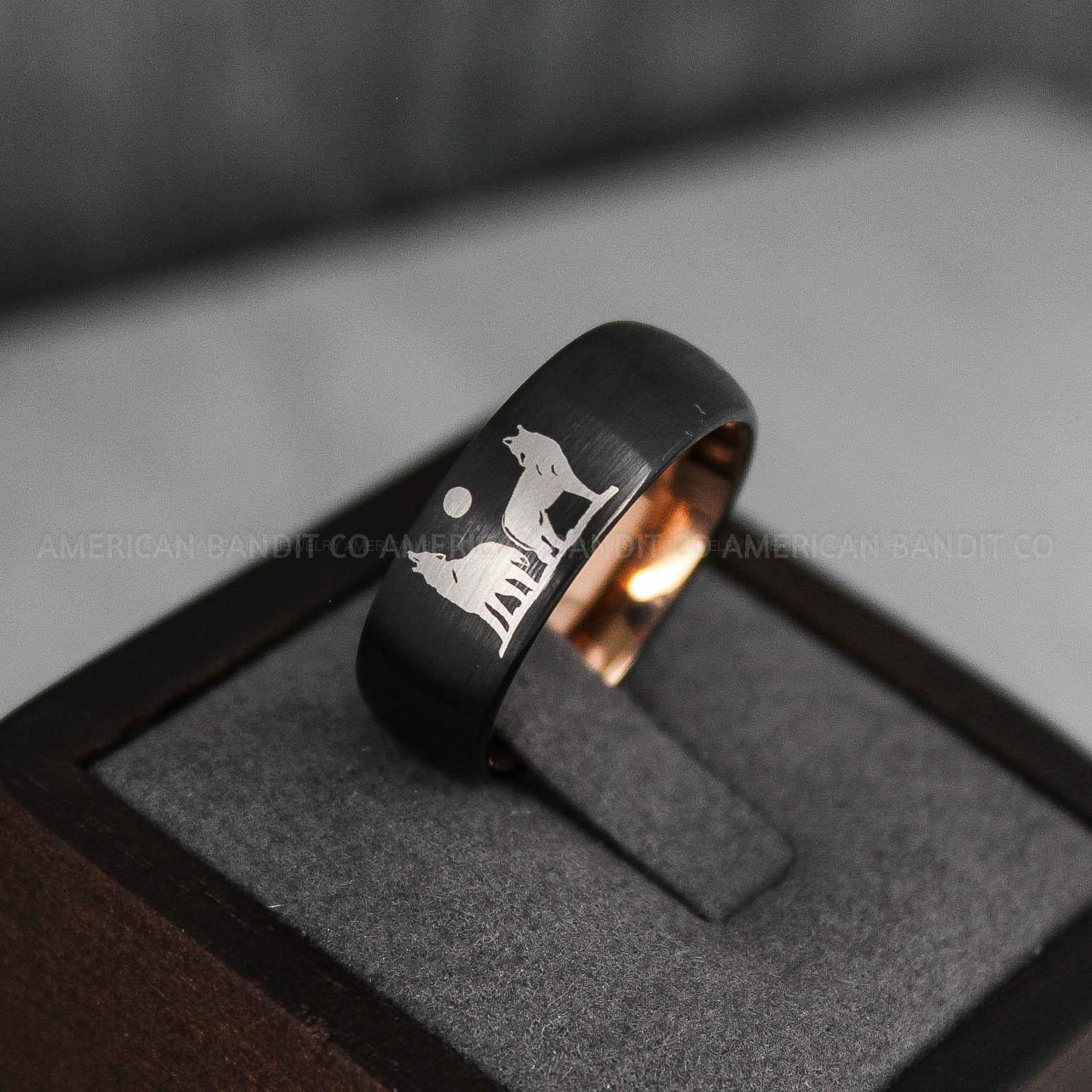 IMG_3649 Howling Wolves Ring, Wolf Ring, Black Ring, Black Tungsten Ring, Wolves Ring, Wolf Howl Ring, Black Wedding Bands, Matching Wedding Rings - Image 1