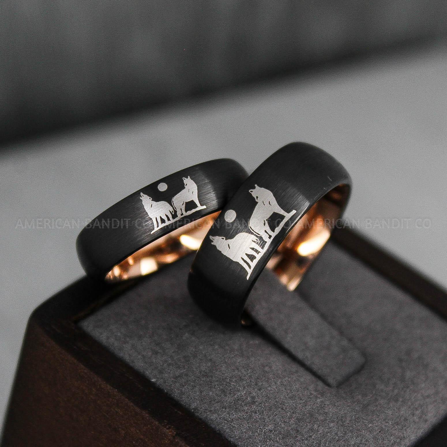 IMG_3650 Howling Wolves Ring, Wolf Ring, Black Ring, Black Tungsten Ring, Wolves Ring, Wolf Howl Ring, Black Wedding Bands, Matching Wedding Rings - Image 1