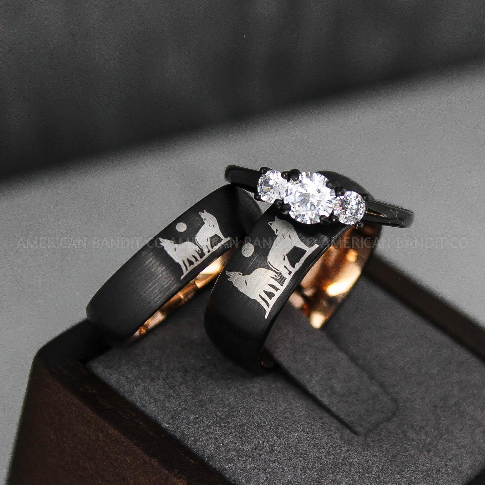 IMG_3654 Howling Wolves Ring, Wolf Ring, Black Ring, Black Tungsten Ring, Wolves Ring, Wolf Howl Ring, Black Wedding Bands, Matching Wedding Rings - Image 1