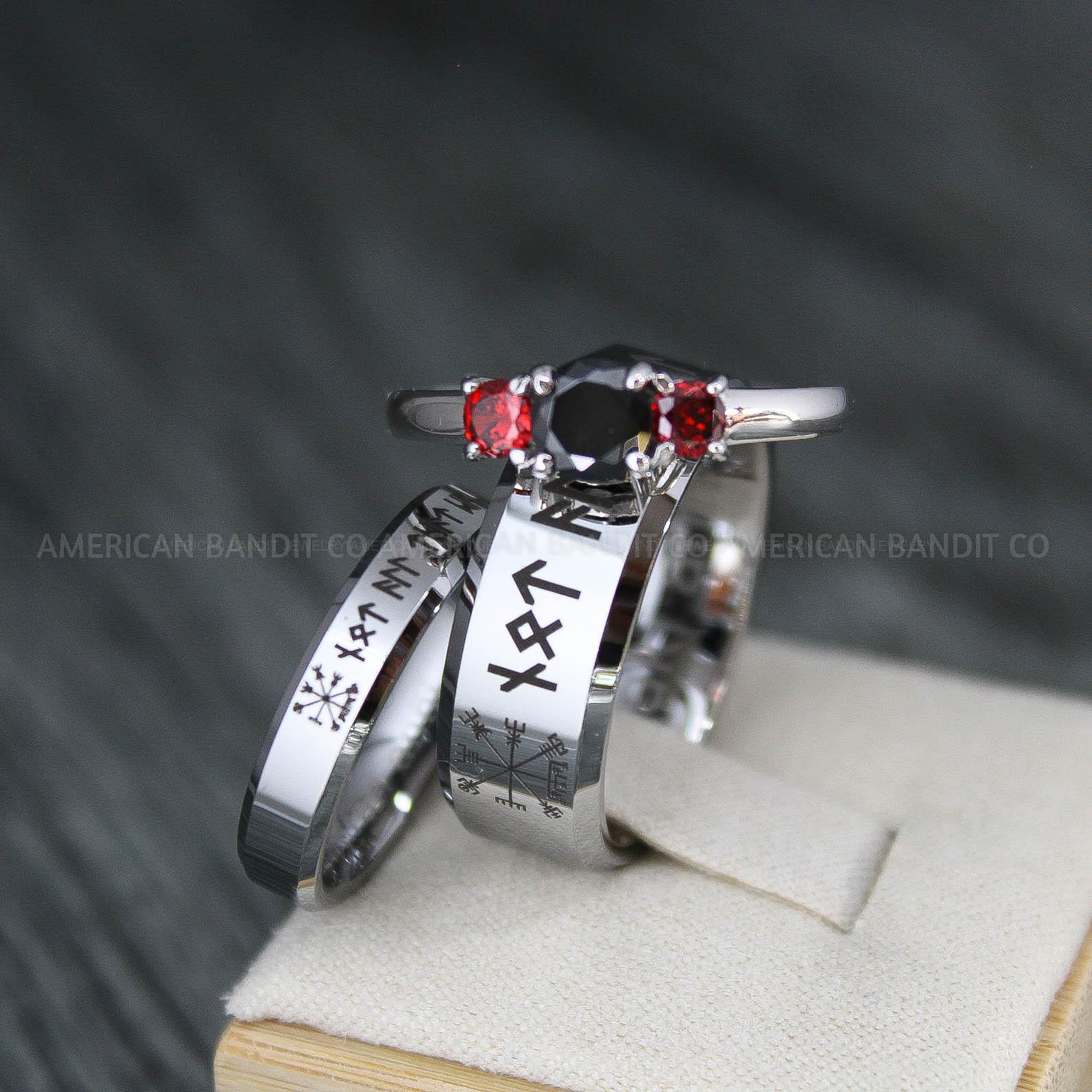 IMG_3705 Til Valhalla Rings, Viking Rings, Runes Rings, Vegvísir Ring, Couple Nordic Rings, Norsemen Rings, Nordic Runes Rings, Silver Tungsten Bands - Image 1