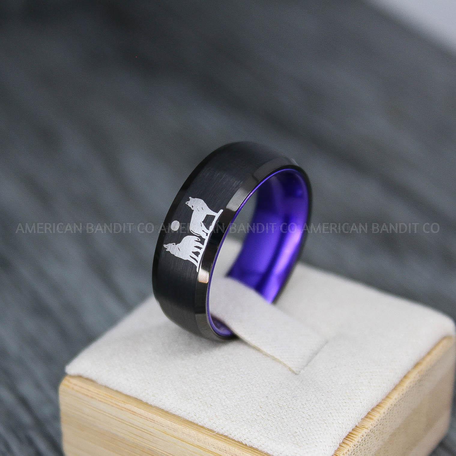 IMG_3731 Howling Wolves Ring, Wolf Ring, Black Ring, Black Tungsten Ring, Wolves Ring, Wolf Howl Ring, Black Wedding Bands, Matching Wedding Rings - Image 1