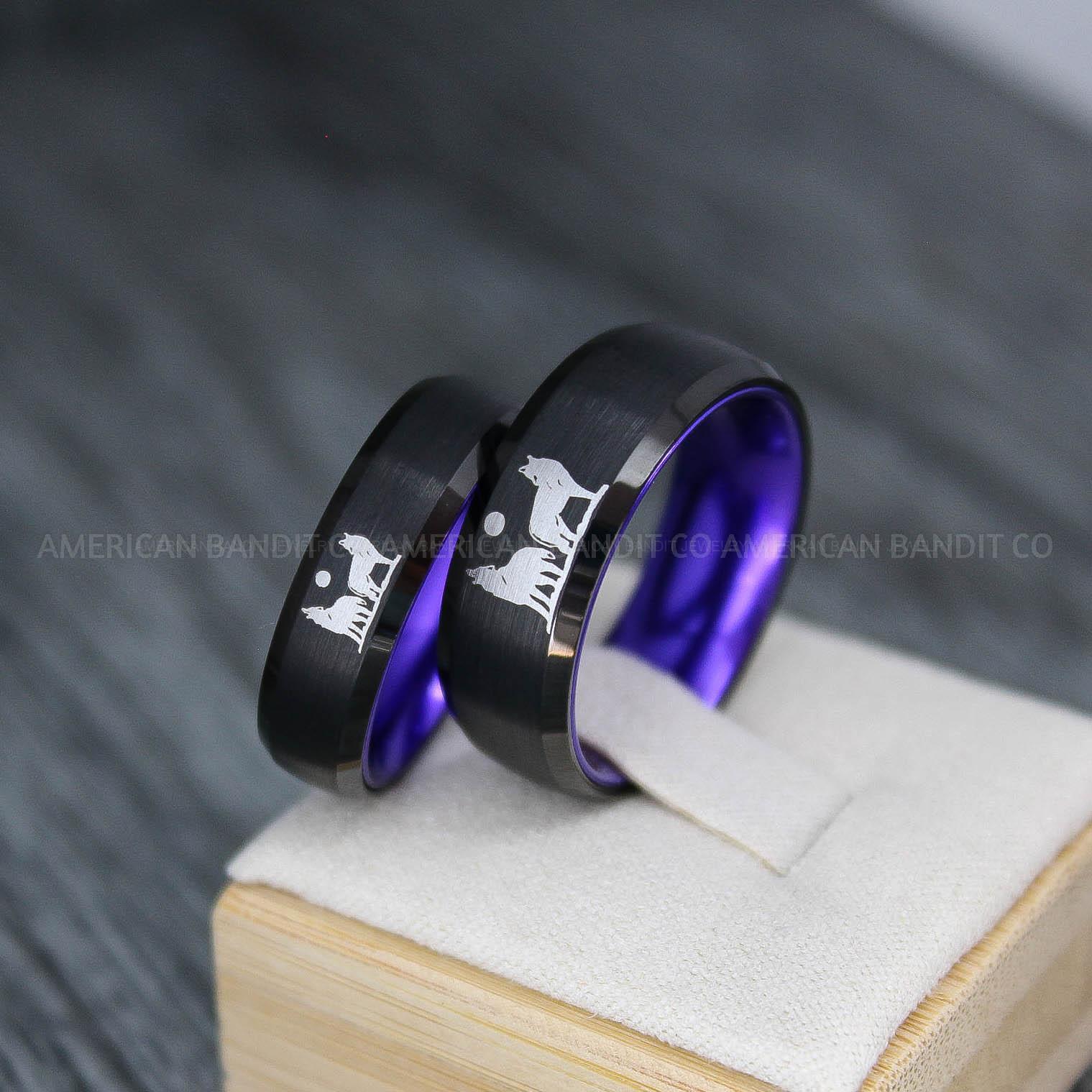 IMG_3732 Howling Wolves Ring, Wolf Ring, Black Ring, Black Tungsten Ring, Wolves Ring, Wolf Howl Ring, Black Wedding Bands, Matching Wedding Rings - Image 1