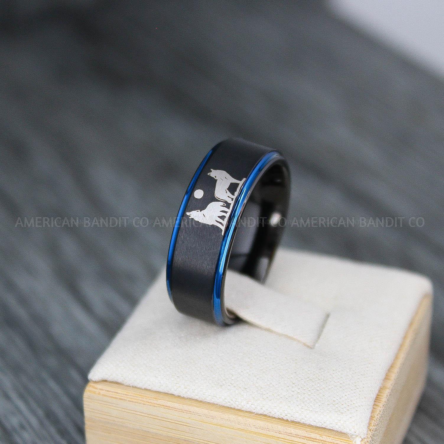 IMG_3742 Howling Wolves Ring, Wolf Ring, Black Ring, Black Tungsten Ring, Wolves Ring, Wolf Howl Ring, Black Wedding Bands, Matching Wedding Rings - Image 1