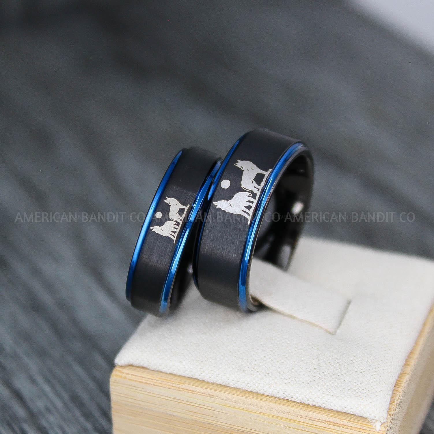 IMG_3743 Howling Wolves Ring, Wolf Ring, Black Ring, Black Tungsten Ring, Wolves Ring, Wolf Howl Ring, Black Wedding Bands, Matching Wedding Rings - Image 1