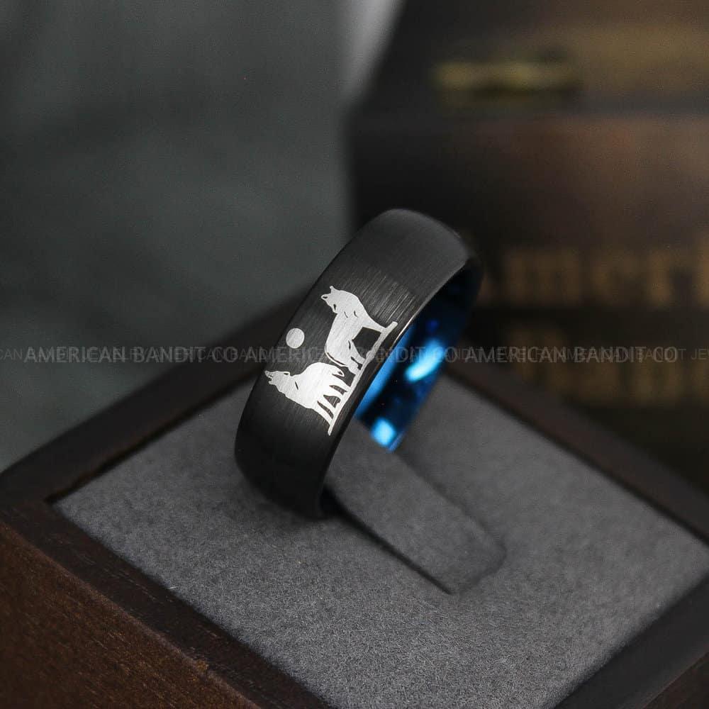 IMG_3815 Howling Wolves Ring, Wolf Ring, Black Ring, Black Tungsten Ring, Wolves Ring, Wolf Howl Ring, Black Wedding Bands, Matching Wedding Rings - Image 1