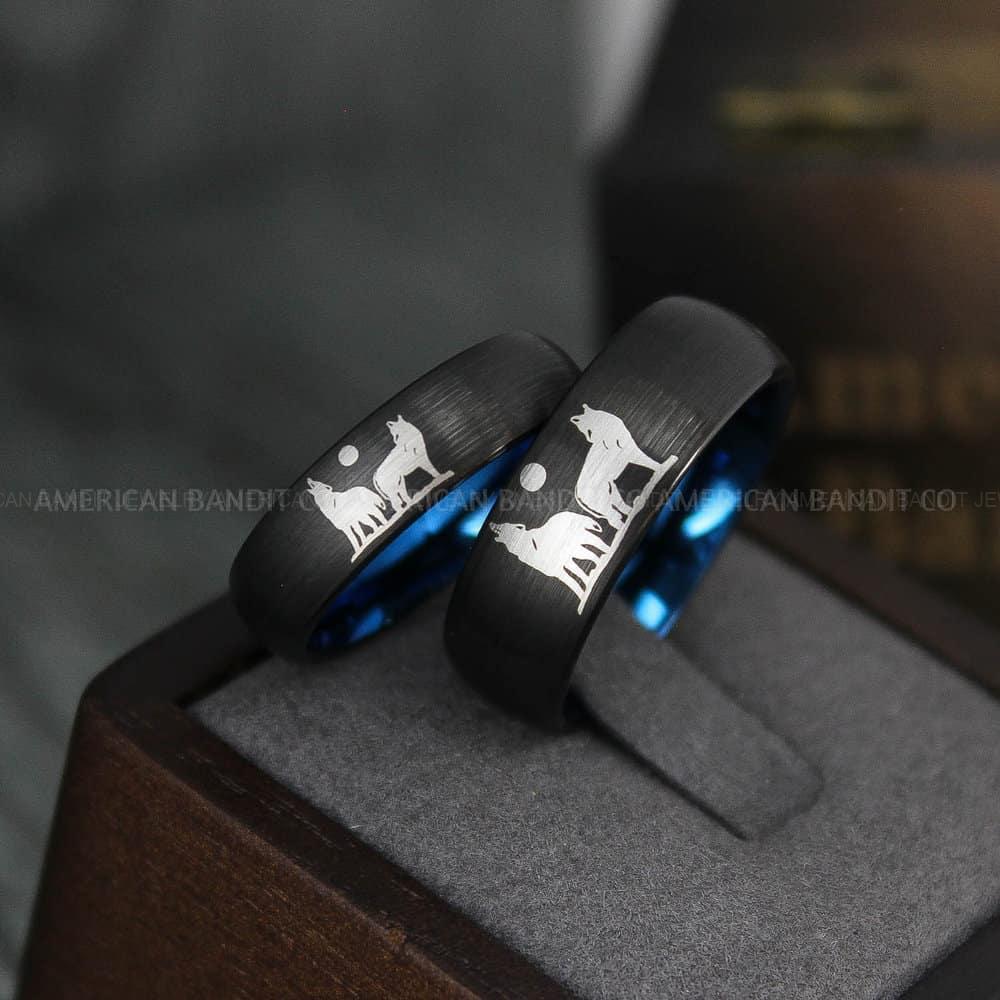 IMG_3816 Howling Wolves Ring, Wolf Ring, Black Ring, Black Tungsten Ring, Wolves Ring, Wolf Howl Ring, Black Wedding Bands, Matching Wedding Rings - Image 1