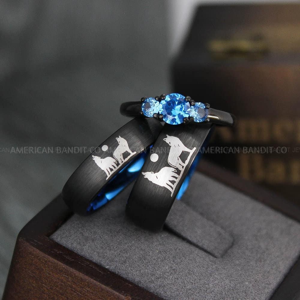 IMG_3818 Howling Wolves Ring, Wolf Ring, Black Ring, Black Tungsten Ring, Wolves Ring, Wolf Howl Ring, Black Wedding Bands, Matching Wedding Rings - Image 1