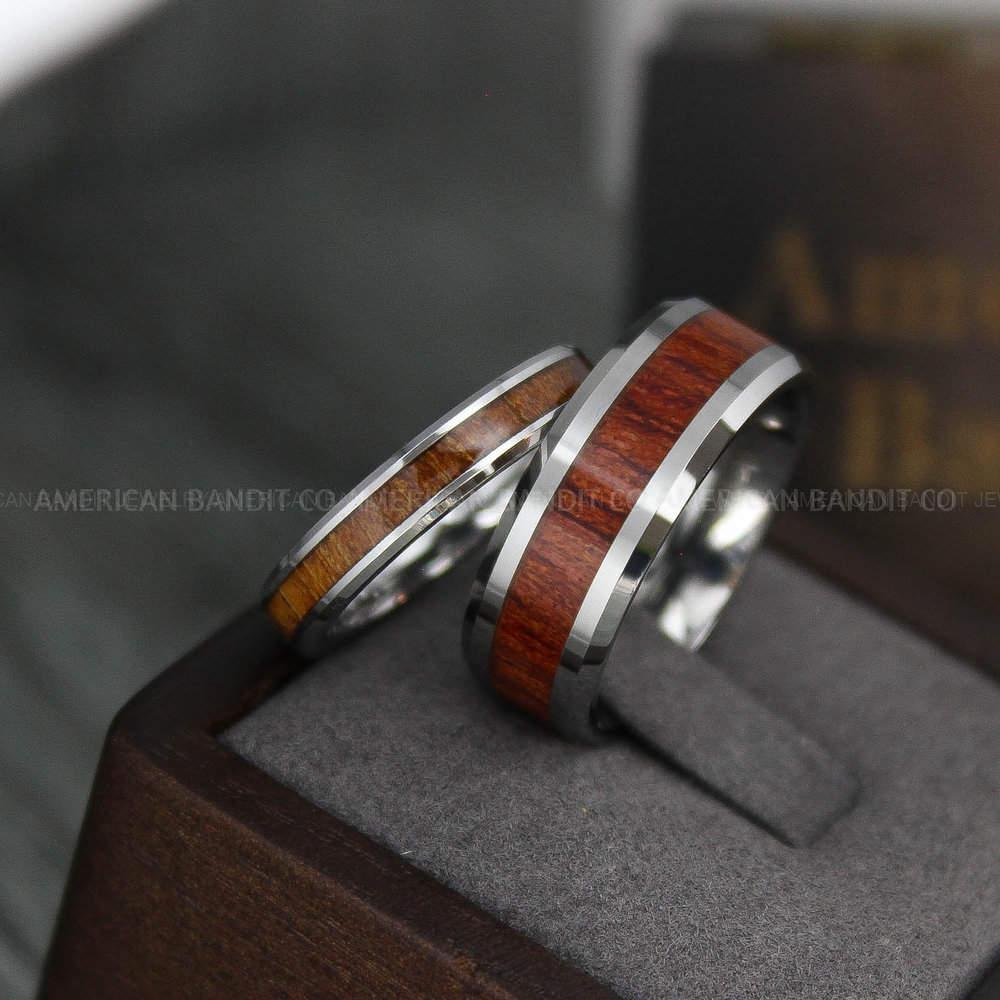 IMG_3827 Wood Rings, Wood Wedding Bands, Wood Wedding Rings, 2 Piece Couple Set Tungsten Bands with Wood Inlay, Couple Rings, Matching Wood Rings - Image 1
