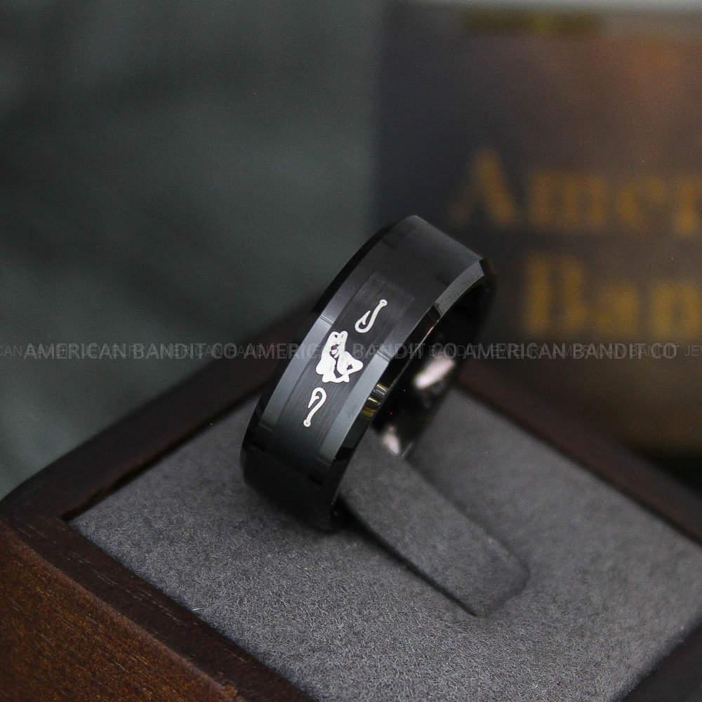 IMG_3834 Bass Fish Ring, Bass Jewelry, Fishing Ring, 8mm Black Tungsten Ring, Bass Fish Ring, Hunting Ring, Fish Hooks Ring - Image 1