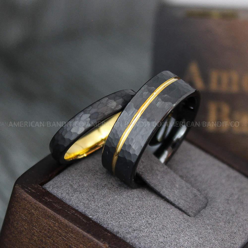 IMG_3849 Hammered Rings, Hammered Wedding Rings, Couple Rings, Matching Couple Ring, Gold Wedding Rings, Yellow Gold Wedding Bands, Black Wedding Rings - Image 1