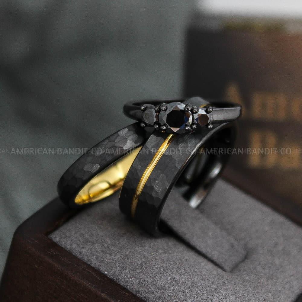 IMG_3853 Hammered Rings, Hammered Wedding Rings, Couple Rings, Matching Couple Ring, Gold Wedding Rings, Yellow Gold Wedding Bands Black Wedding Ring - Image 1