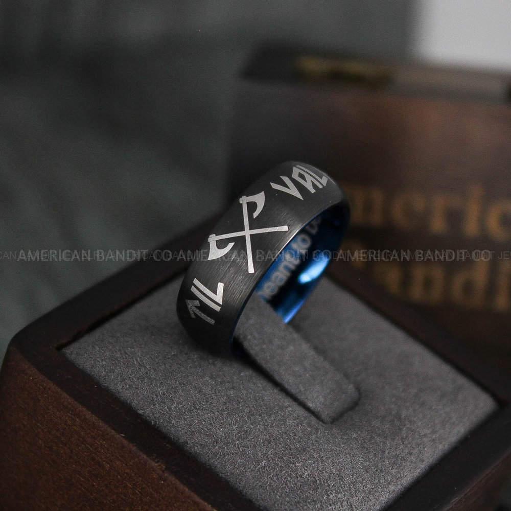 IMG_4646 Til Valhalla Rings, Viking Rings, Runes Rings, Vegvísir Ring, Nordic Rings, Norsemen Rings, Nordic Runes Rings, Black Tungsten Bands - Image 1