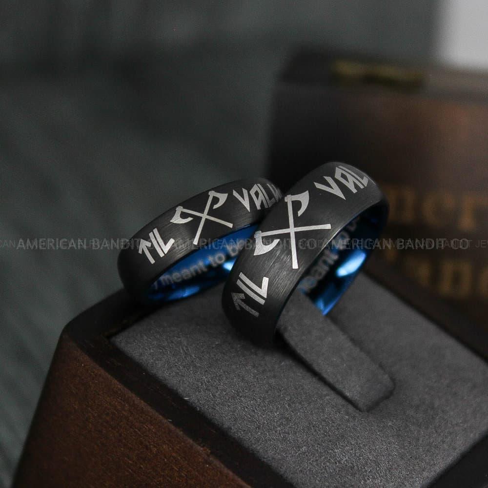 IMG_4647 Til Valhalla Rings, Viking Rings, Runes Rings, Vegvísir Ring, Couple Nordic Rings, Norsemen Rings, Nordic Runes Rings, Black Tungsten Bands - Image 1