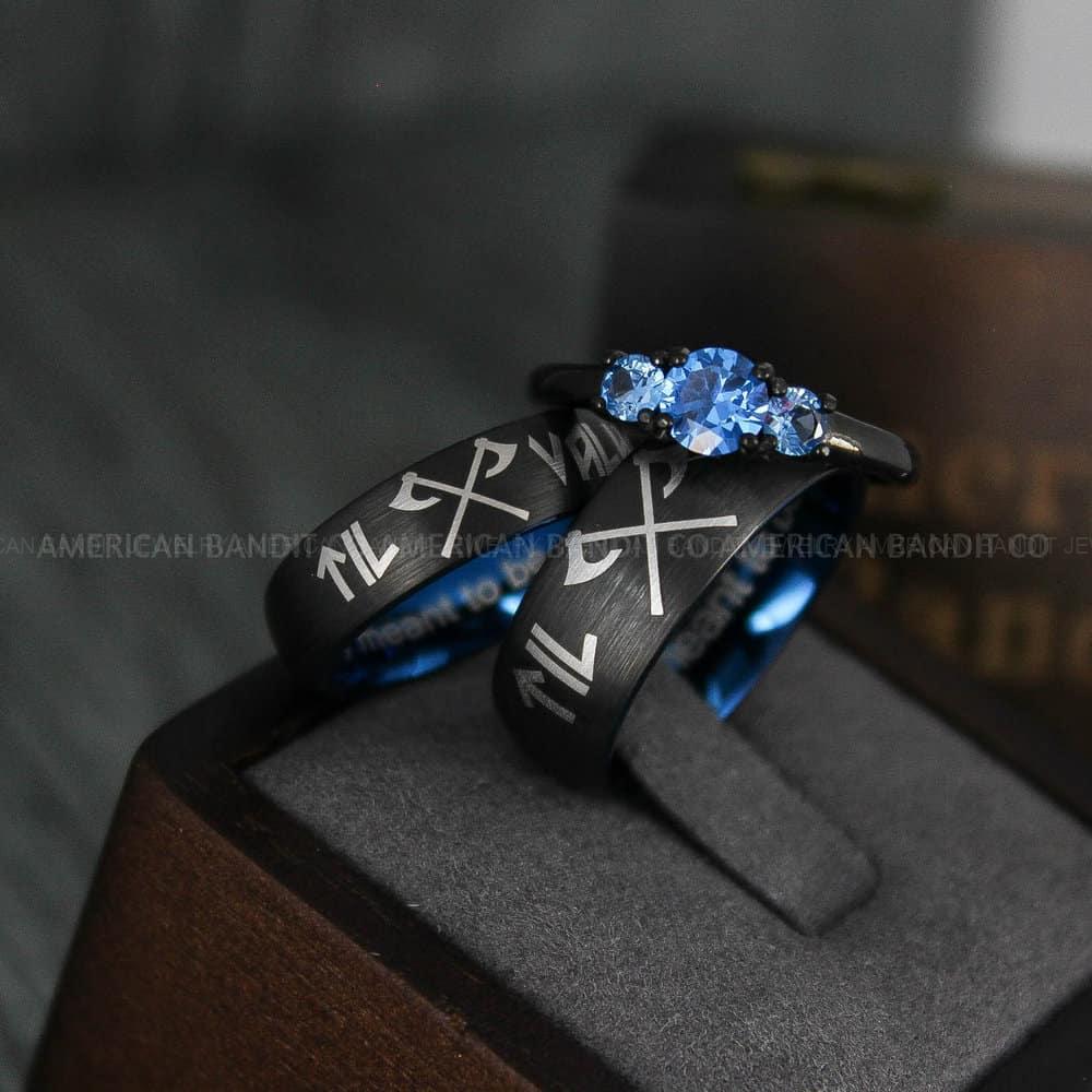 IMG_4648 Til Valhalla Rings, Viking Rings, Runes Rings, Vegvísir Ring, Couple Nordic Rings, Norsemen Rings, Nordic Runes Rings, Black Tungsten Bands - Image 1