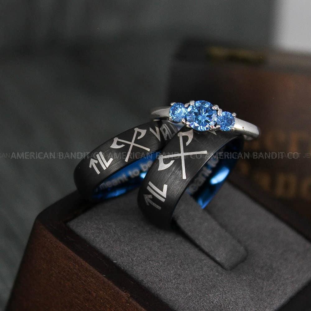 IMG_4649 Til Valhalla Rings, Viking Rings, Runes Rings, Vegvísir Ring, Couple Nordic Rings, Norsemen Rings, Nordic Runes Rings, Black Tungsten Bands - Image 1