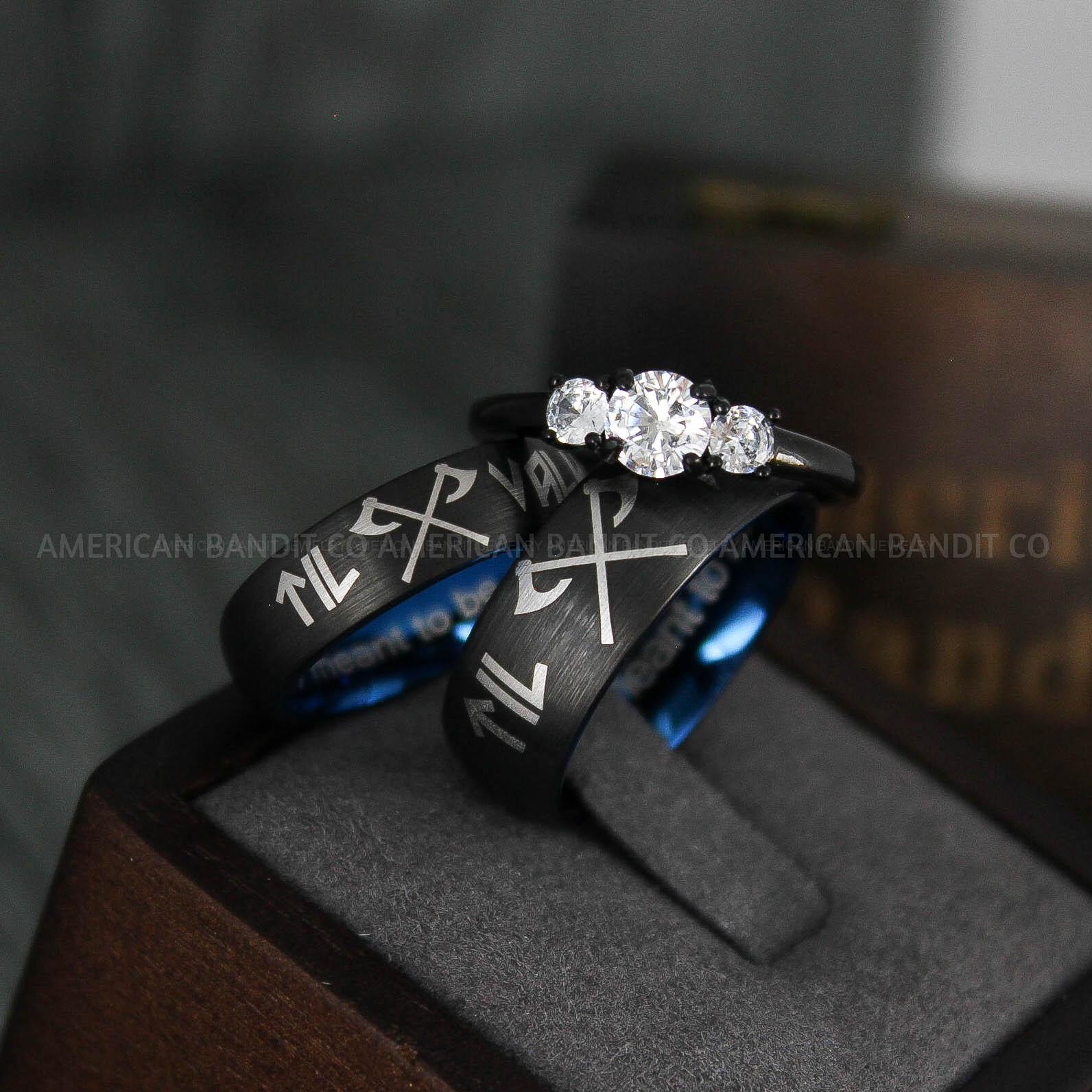 IMG_4650 Til Valhalla Rings, Viking Rings, Runes Rings, Vegvísir Ring, Couple Nordic Rings, Norsemen Rings, Nordic Runes Rings, Black Tungsten Bands - Image 1