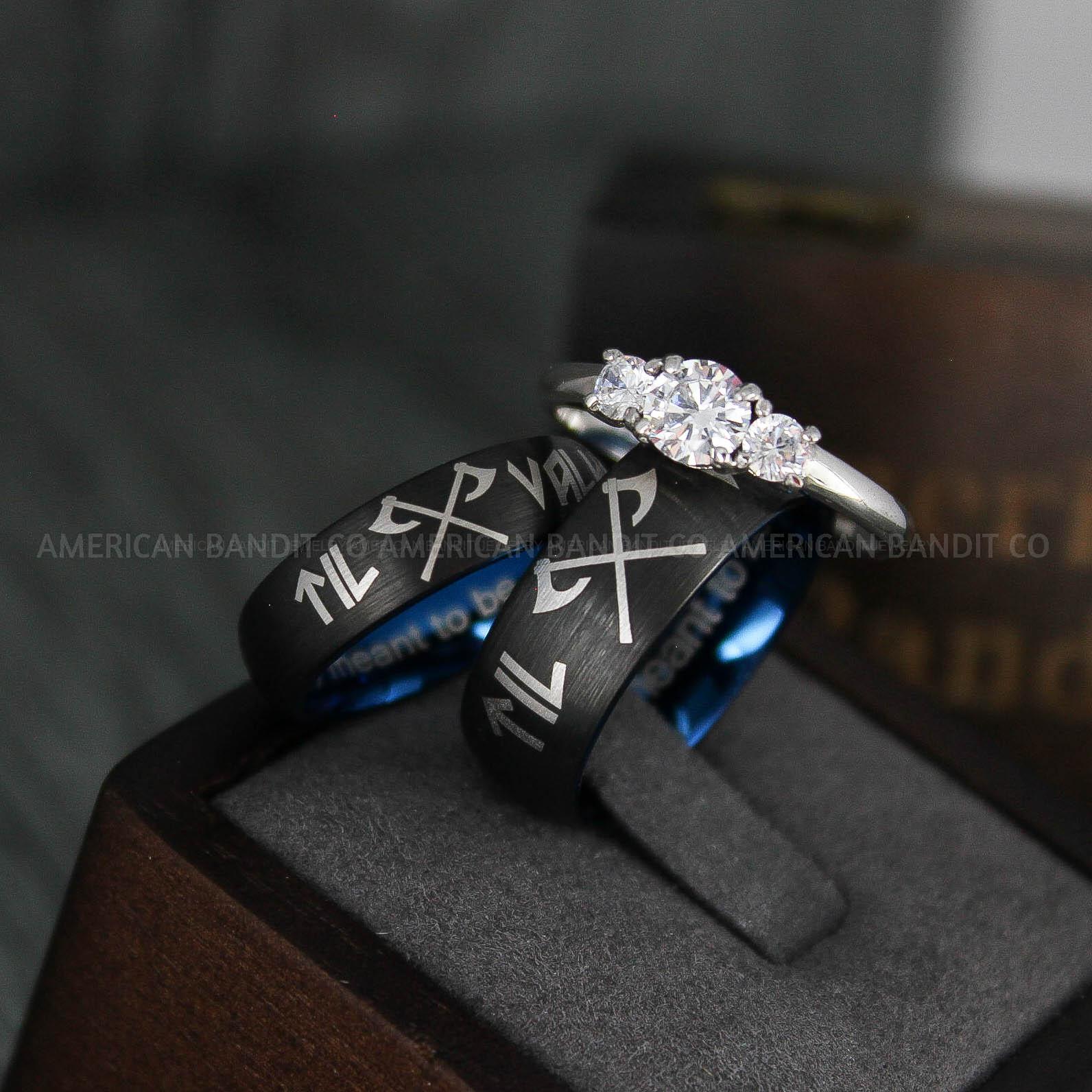 IMG_4651 Til Valhalla Rings, Viking Rings, Runes Rings, Vegvísir Ring, Couple Nordic Rings, Norsemen Rings, Nordic Runes Rings, Black Tungsten Bands - Image 1