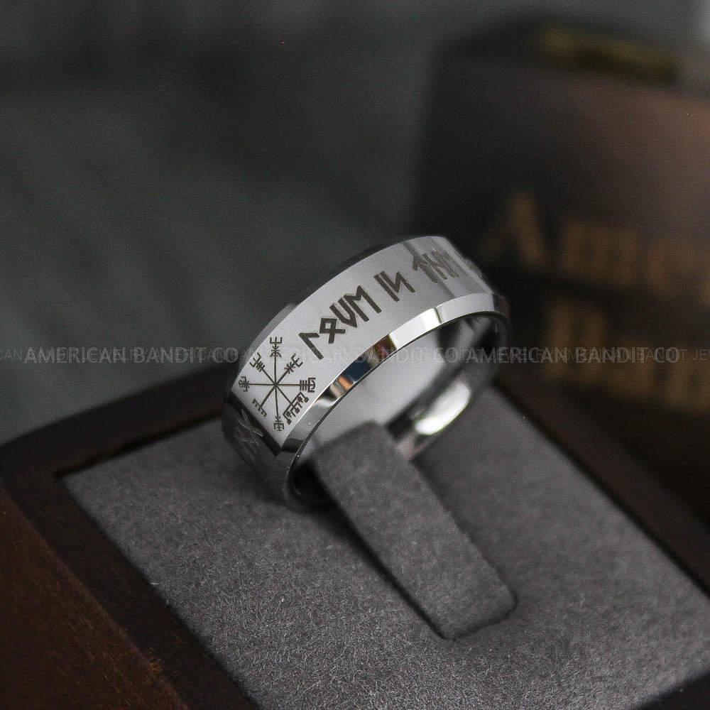 IMG_4663 Til Valhalla Ring, Viking Ring, Runes Ring, Vegvísir Ring, Nordic Ring, Norsemen Ring, Nordic Runes Ring, Silver Tungsten Band - Image 1