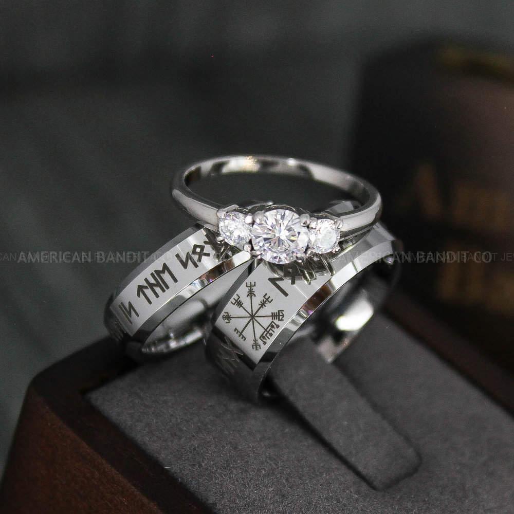IMG_4669 Til Valhalla Rings, Viking Rings, Runes Rings, Vegvísir Ring, Couple Nordic Rings, Norsemen Rings, Nordic Runes Rings, Silver Tungsten Bands - Image 1