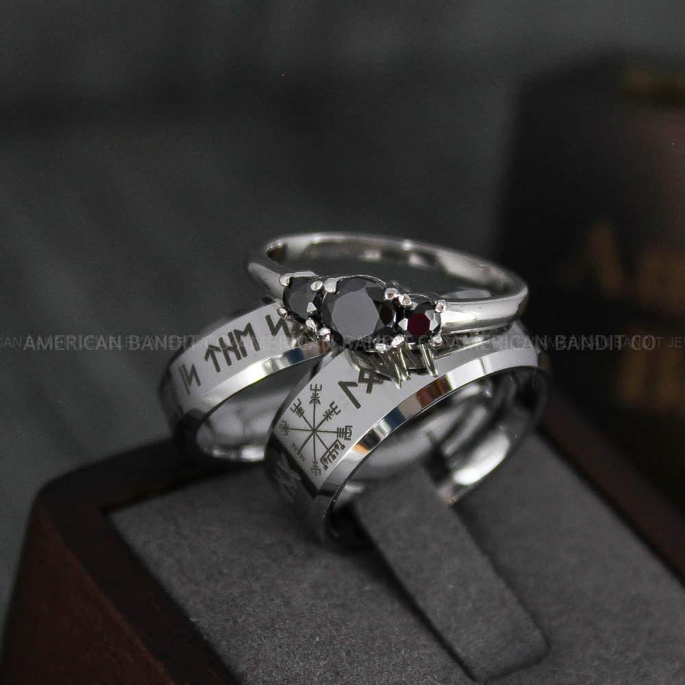 IMG_4673 Til Valhalla Rings, Viking Rings, Runes Rings, Vegvísir Ring, Couple Nordic Rings, Norsemen Rings, Nordic Runes Rings, Silver Tungsten Bands - Image 1