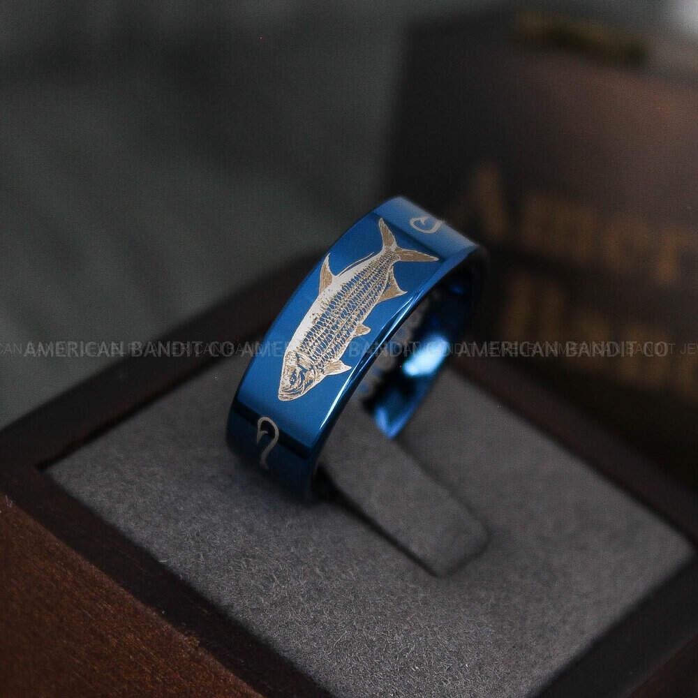 IMG_4700 Tarpon Ring, Tarpon Jewelry, Fishing Ring, 8mm Blue Tungsten Band with Flat Edge Tarpon Fish Ring, Hunting Ring, Fish Hooks Ring - Image 1