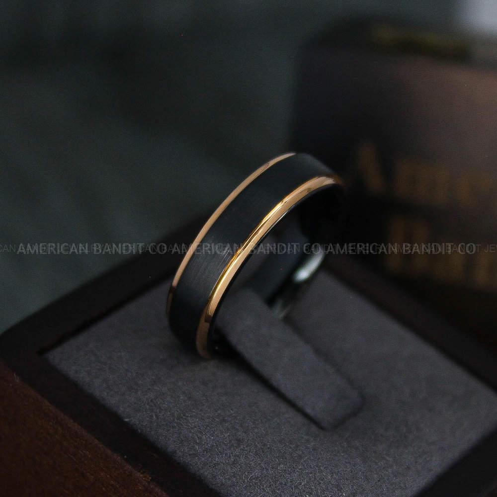 IMG_4716 Black Wedding Band, Black Wedding Ring, 6MM Black Tungsten Ring, Rose Gold Ring, Rose Gold Wedding Band - Image 1