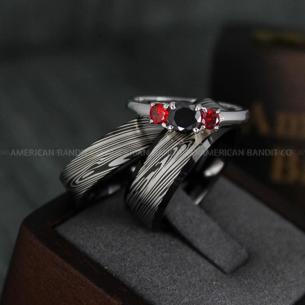 IMG_4757 Damascus Steel Rings, Couple Rings, Damascus Steel Wedding Rings, Damascus Steel Wedding Bands, Black Wedding Rings, Black Damascus Steel Wedding Rings - Image 1