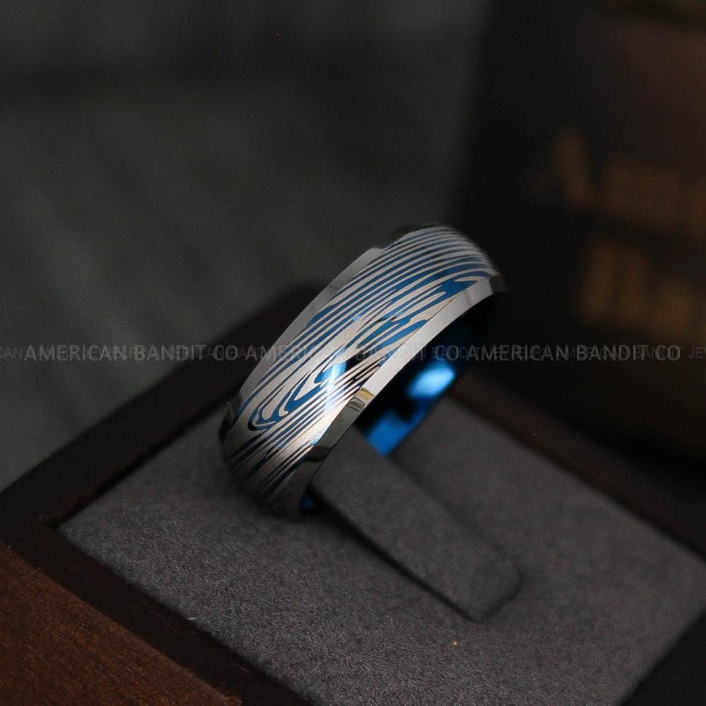 IMG_4774 Damascus Steel Ring, Damascus Steel Jewelry, Damascus Steel Wedding Ring, Damascus Steel Wedding Band, Blue Wedding Band, Blue Wedding Ring - Image 1