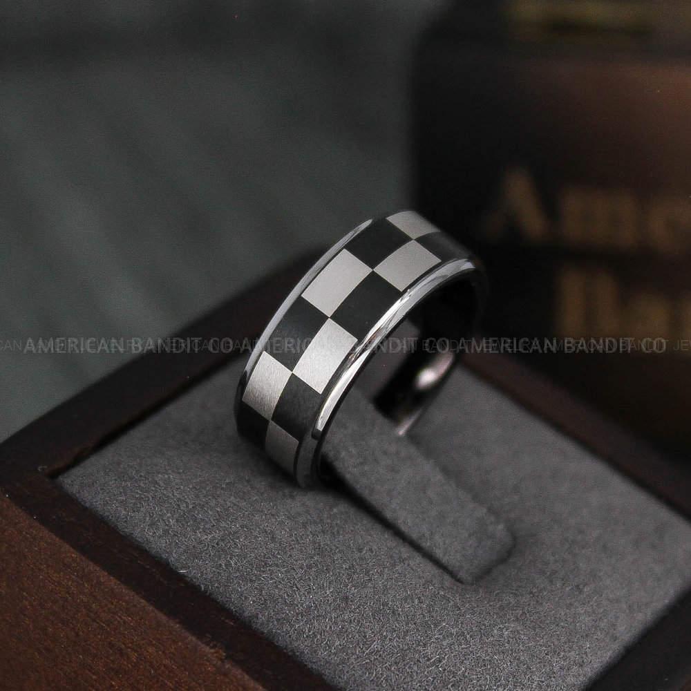 IMG_4795 Checkered Flag Ring, Racing Ring, Car Racing Ring, Checkered Flag Pattern Wedding Band - Image 1