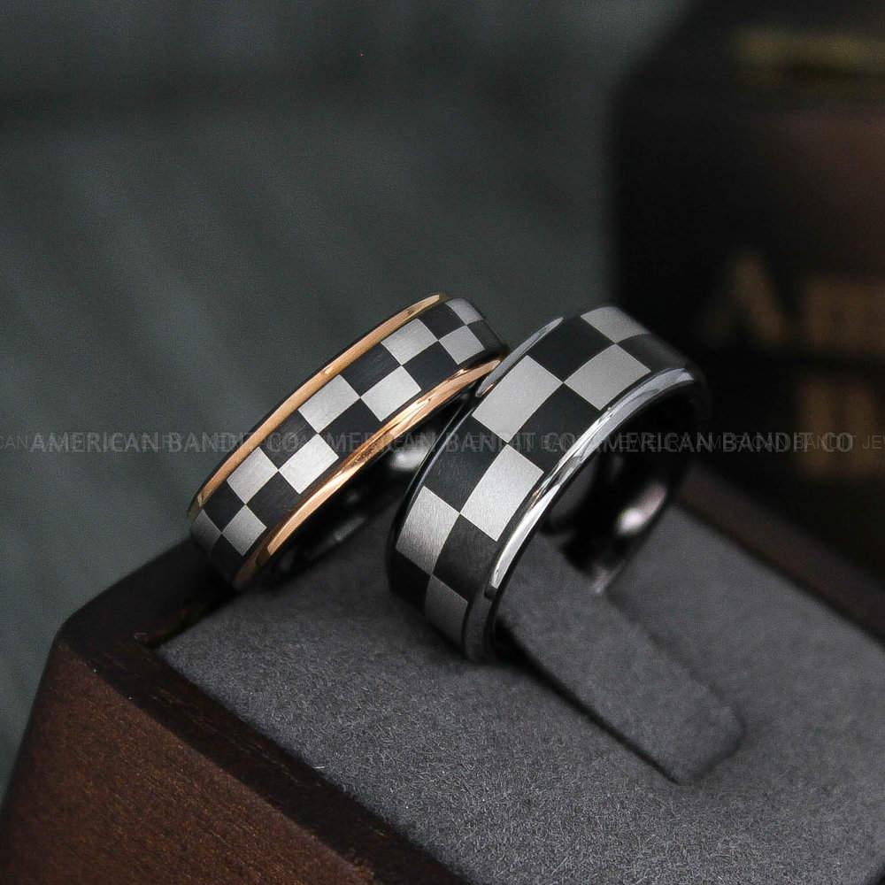 IMG_4796 Checkered Flag Rings, Motor Sports Jewelry, Auto Racing Rings, Car Racing Rings, Checkered Flag Pattern Wedding Bands - Image 1