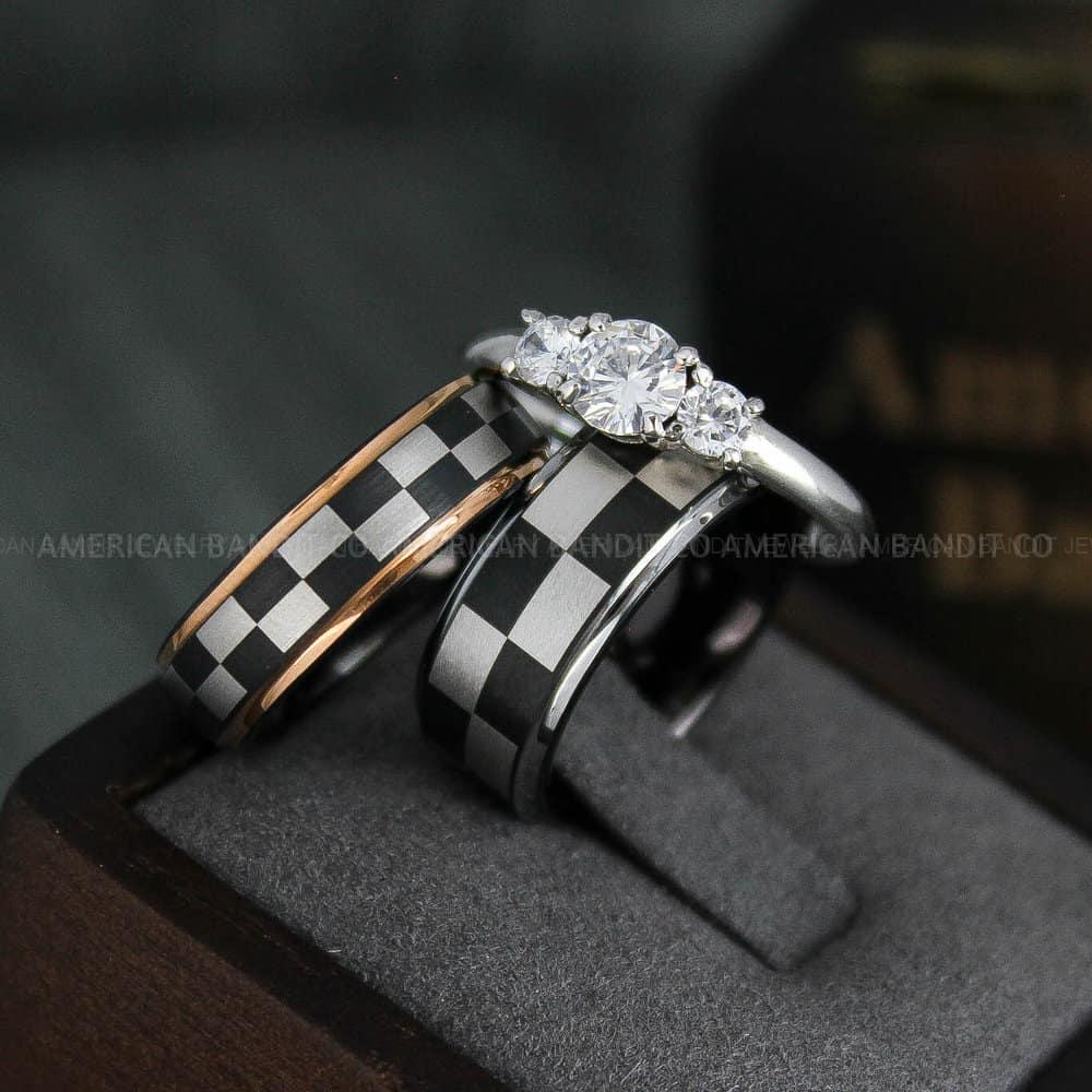 IMG_4797 Checkered Flag Rings, Motor Sports Jewelry, Auto Racing Rings, Car Racing Rings, Checkered Flag Pattern Wedding Bands - Image 1