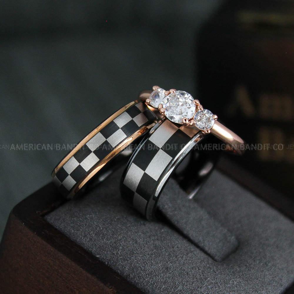 IMG_4798 Checkered Flag Rings, Motor Sports Jewelry, Auto Racing Rings, Car Racing Rings, Checkered Flag Pattern Wedding Bands - Image 1