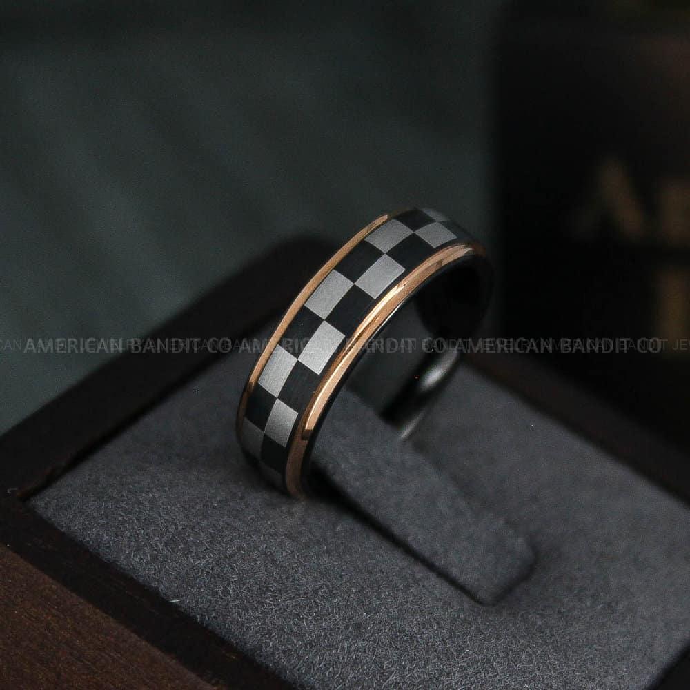 IMG_4804 Checkered Flag Ring, Racing Ring, Car Racing Ring, Checkered Flag Pattern Wedding Band - Image 1